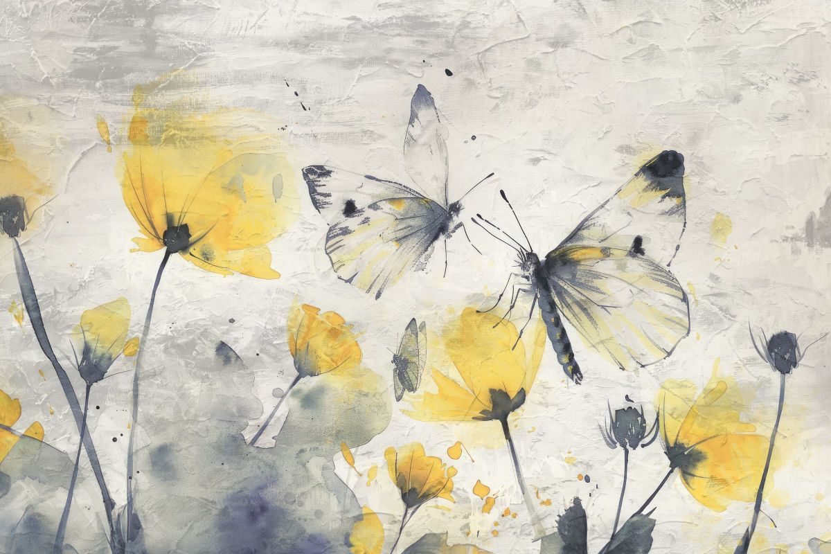 Butterflies Hovering Above Yellow Flowers