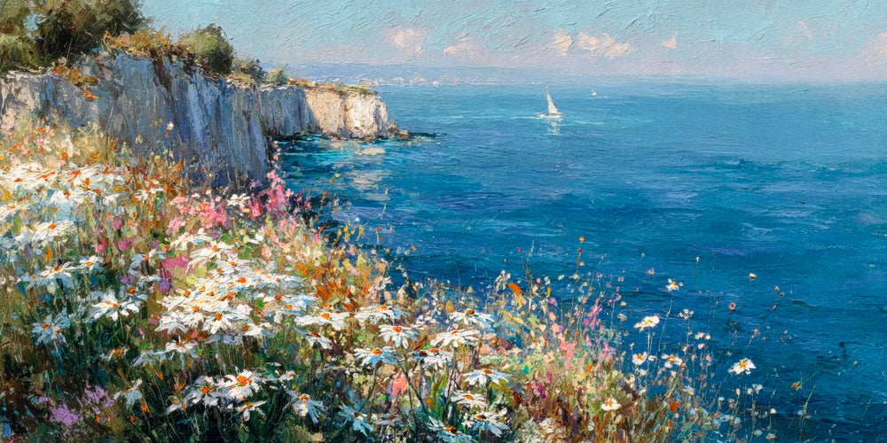 White Daisies on a Coastal Cliff Painting