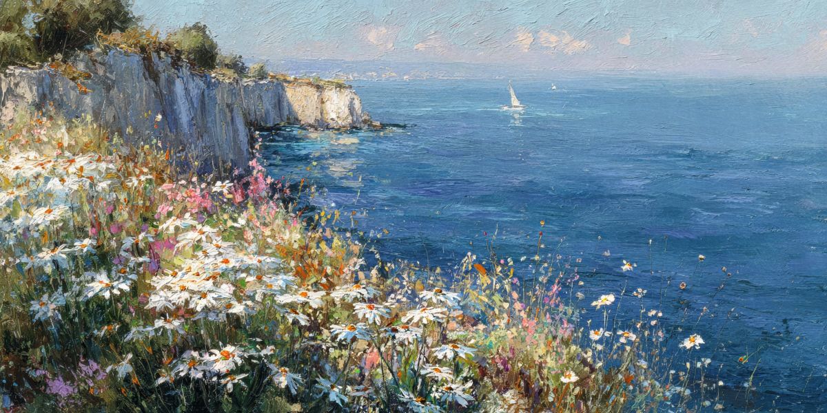 White Daisies on a Coastal Cliff Painting