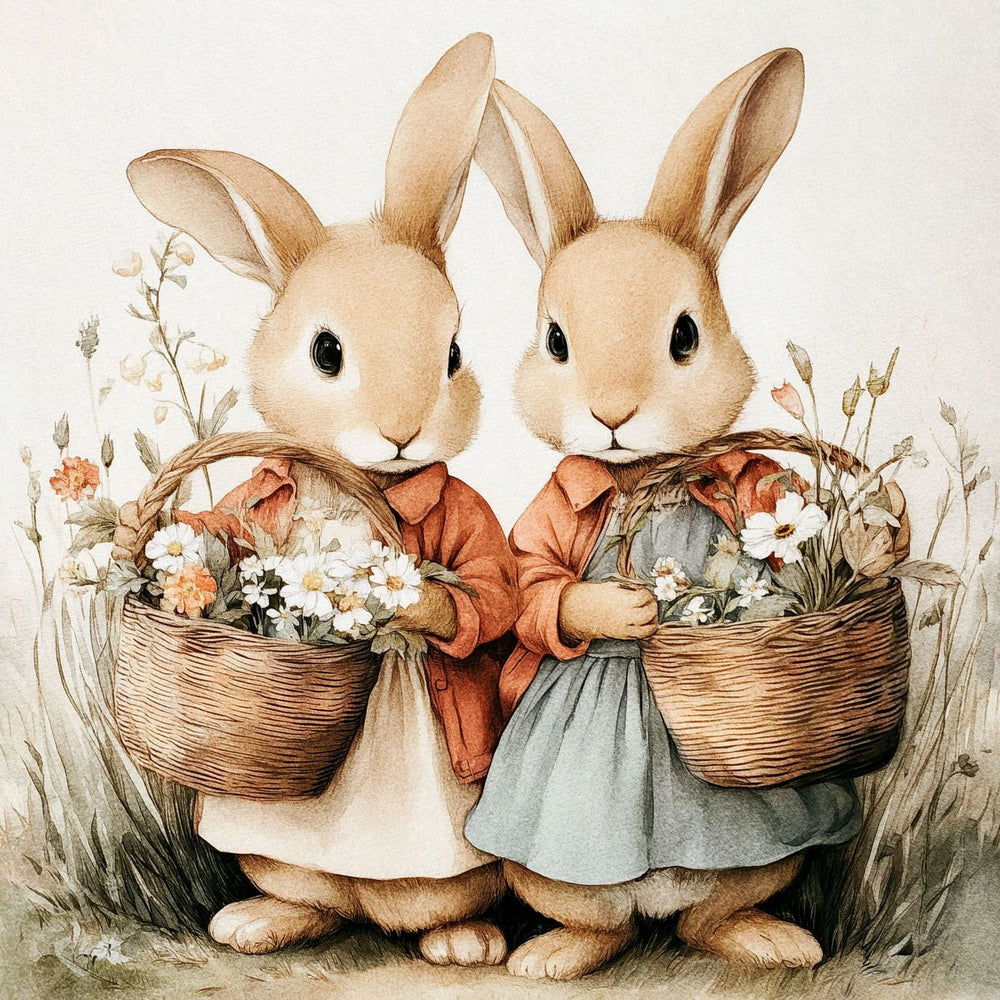 Two Bunnies with Flower Baskets Watercolor