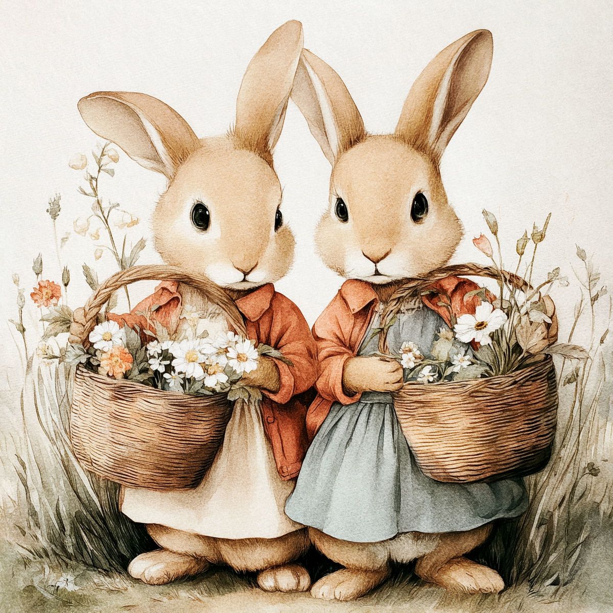 Two Bunnies with Flower Baskets Watercolor