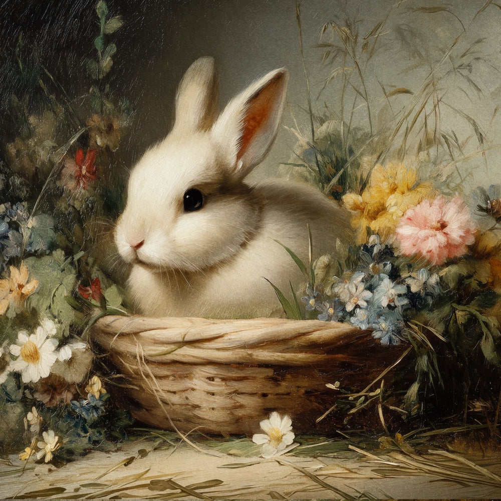 White Rabbit in a Flower Basket