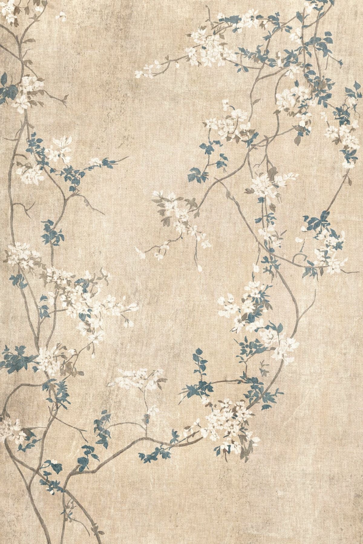 Cherry Blossom Branches on Linen Textured Background