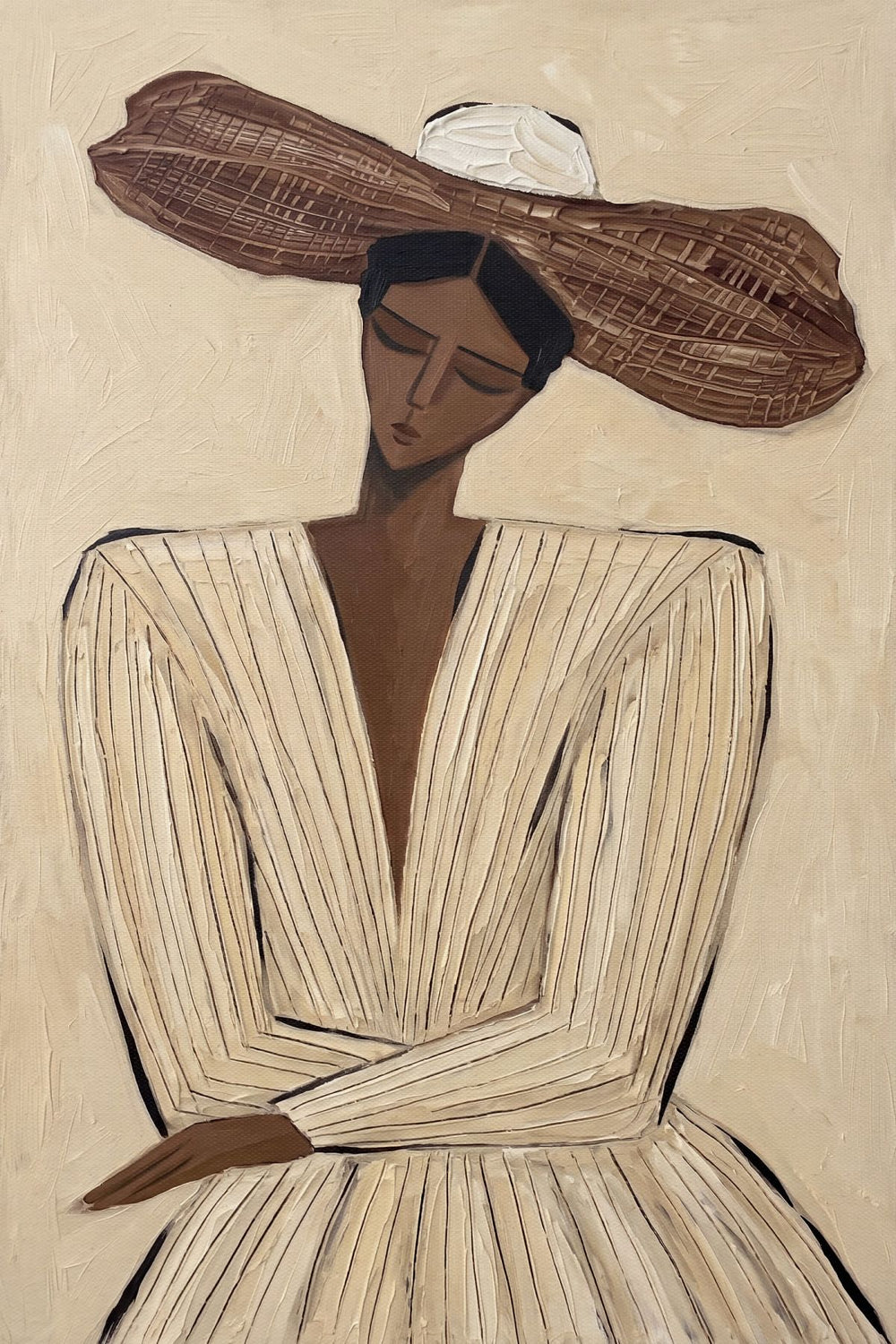 Woman in Striped Dress with Wide Hat