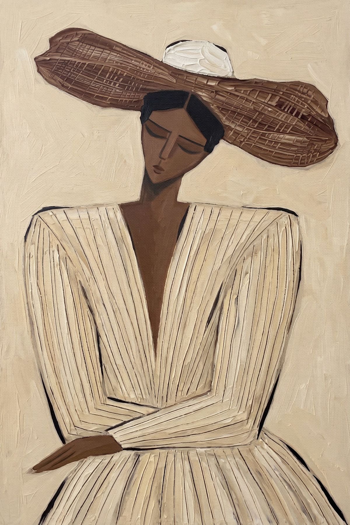 Woman in Striped Dress with Wide Hat