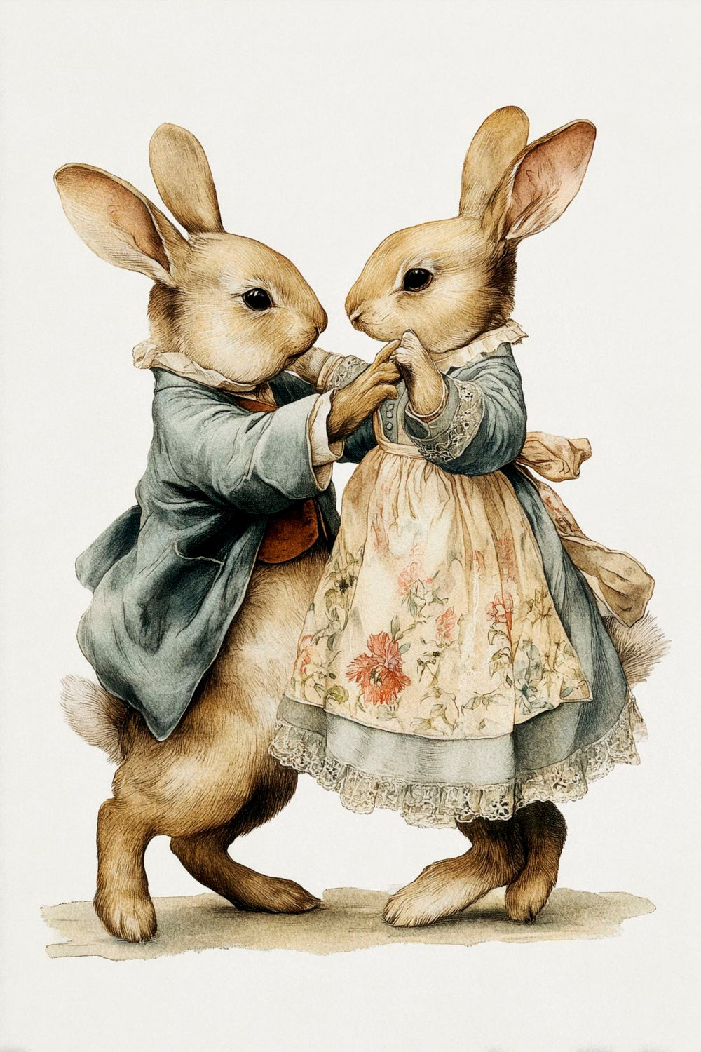 Dancing Rabbit Couple Vintage Watercolor