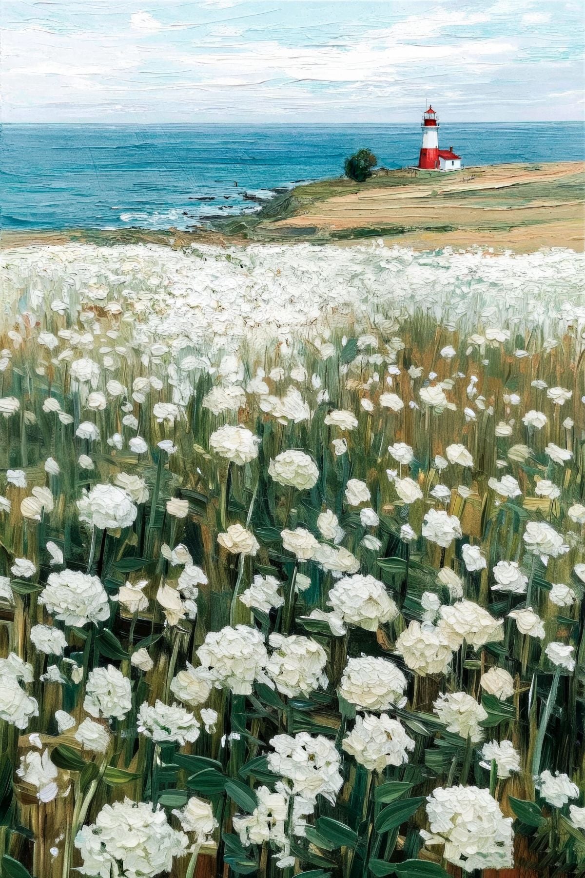 White Flowers and Coastal Lighthouse