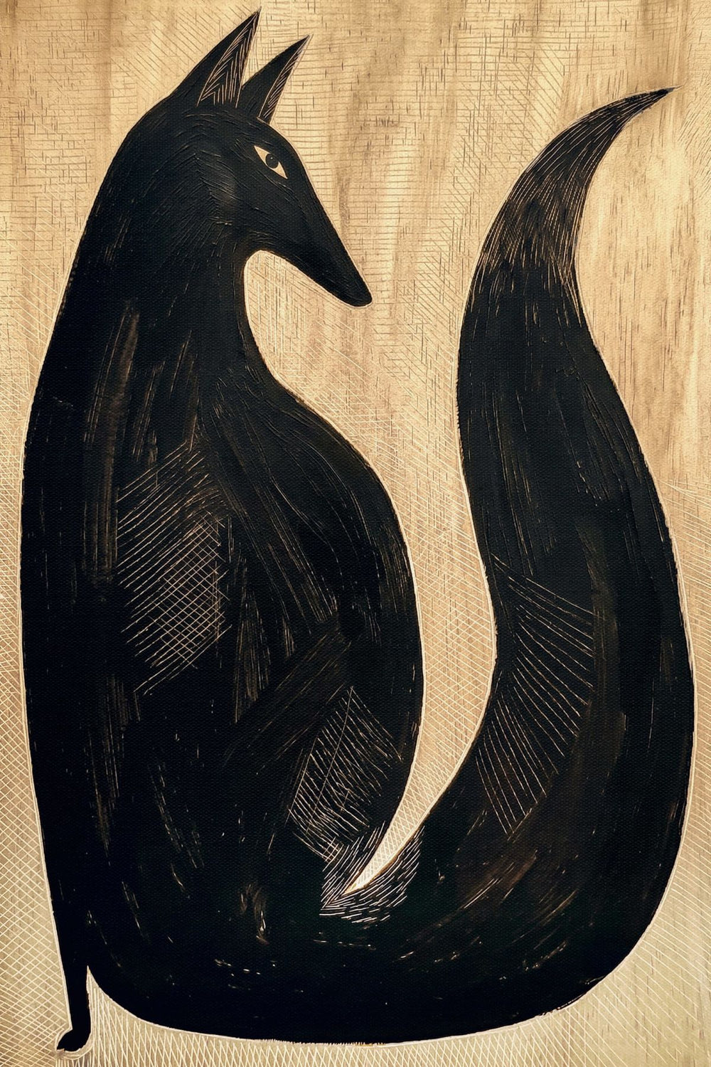 Stylized Black Fox Silhouette on Textured Wood
