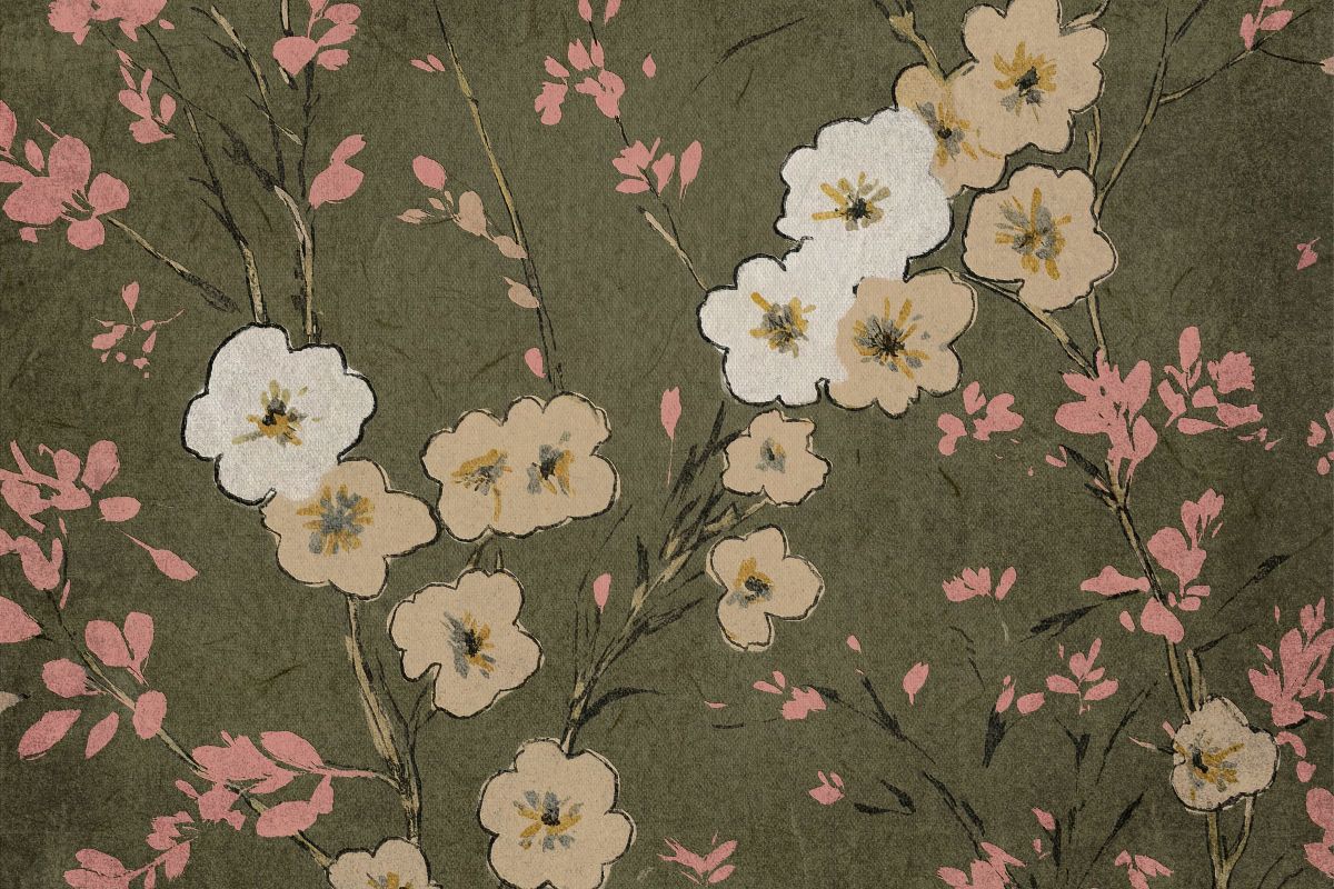 Cherry Blossom Floral Pattern on Olive Background