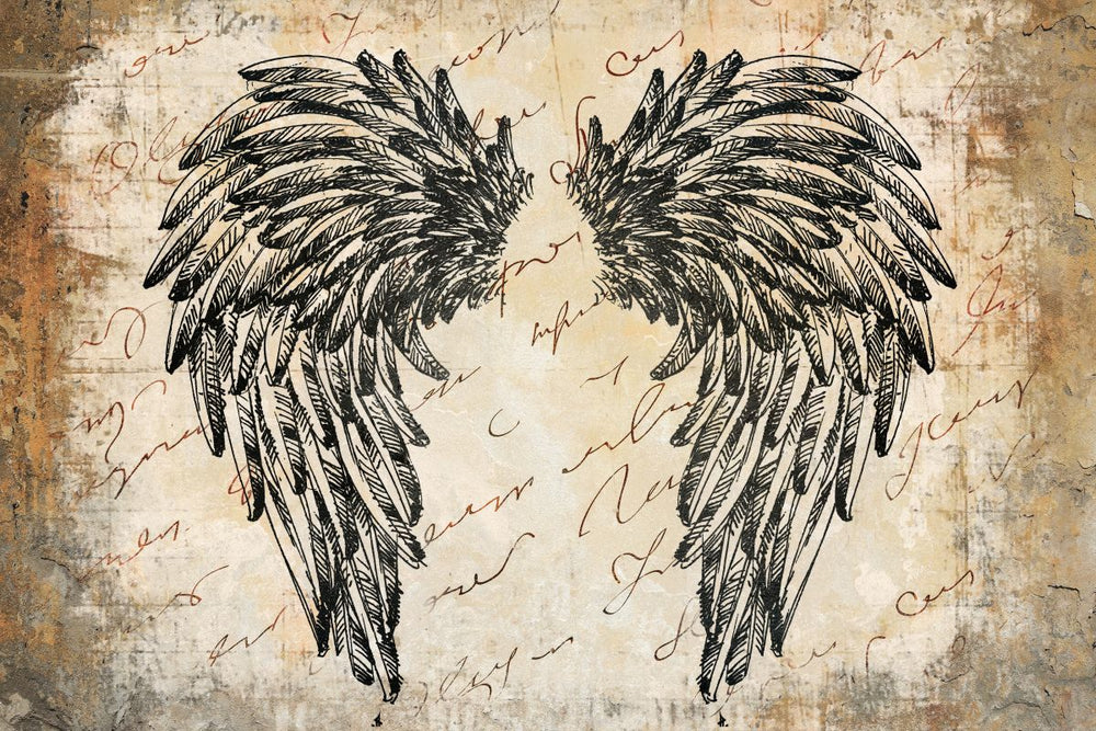 Black Angel Wings Over Calligraphy