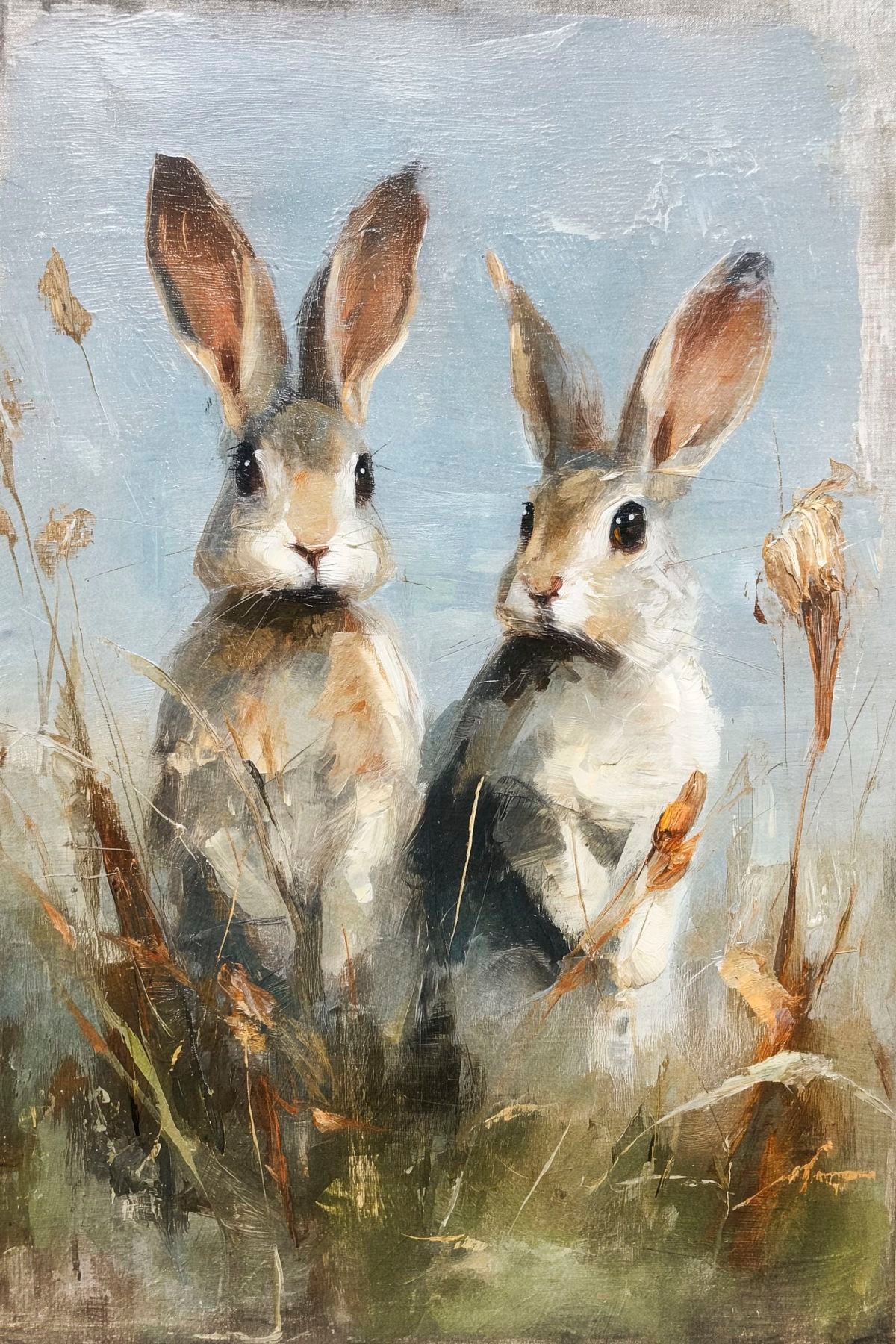 Two Hares in the Wild Grass